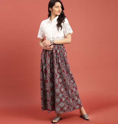 Maroon & Blue Ajrakh Hand Block Print Sustainable Maxi Pure Cotton Skirt with Gathered Detail